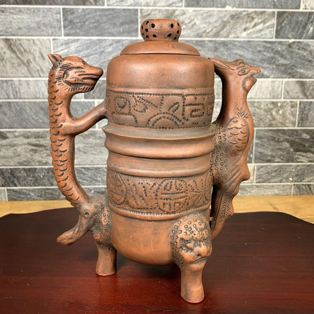 希少品　中国古美術品　茶器　宜興紫砂　陶器　急須　茶壺　お猪口付き　鳳凰　龍