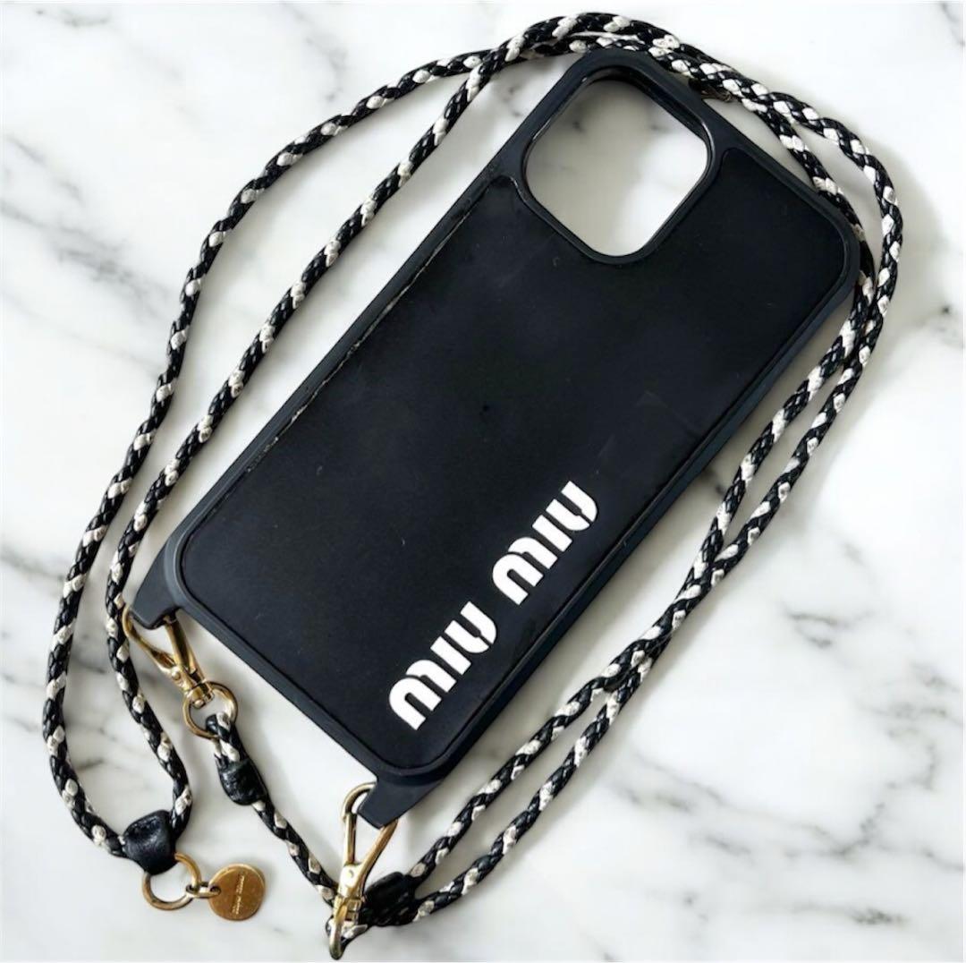 ミュウミュウ iPhoneケース 12 ロゴ ショルダーストラップ ブラック