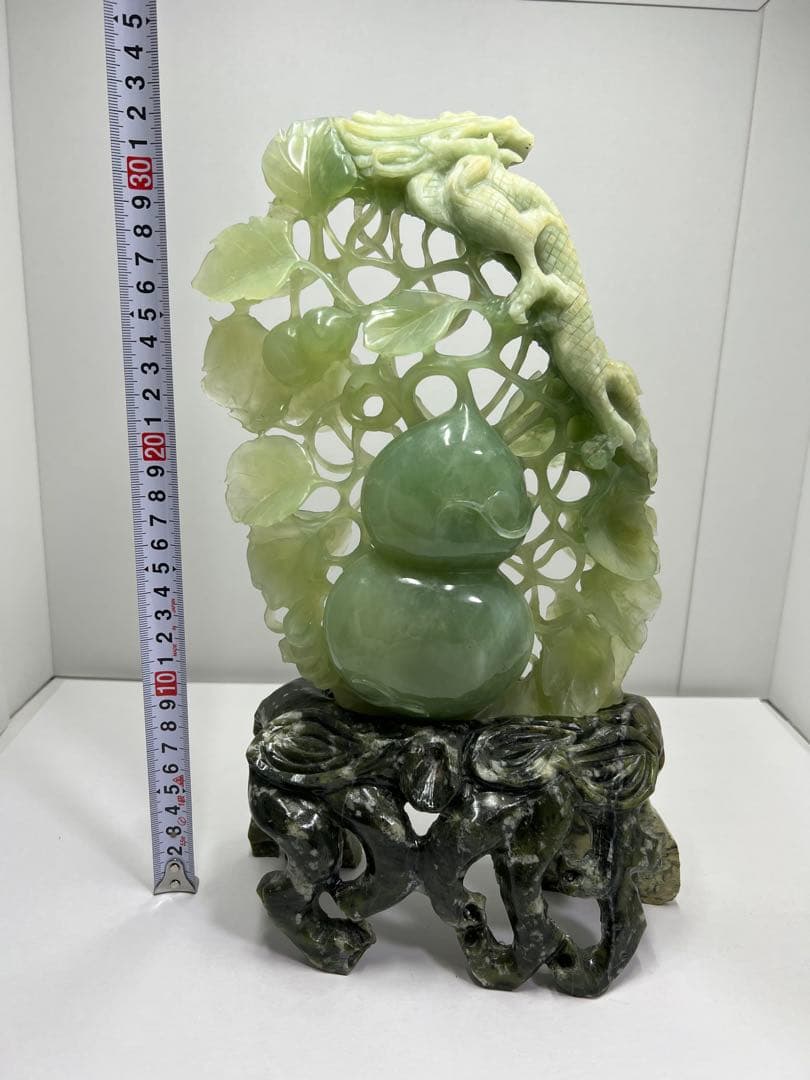 玉雕 翡翠 瓜果 龍 瓢箪彫 彫刻 置物 中国美術 古美術 ひすい ひょうたん