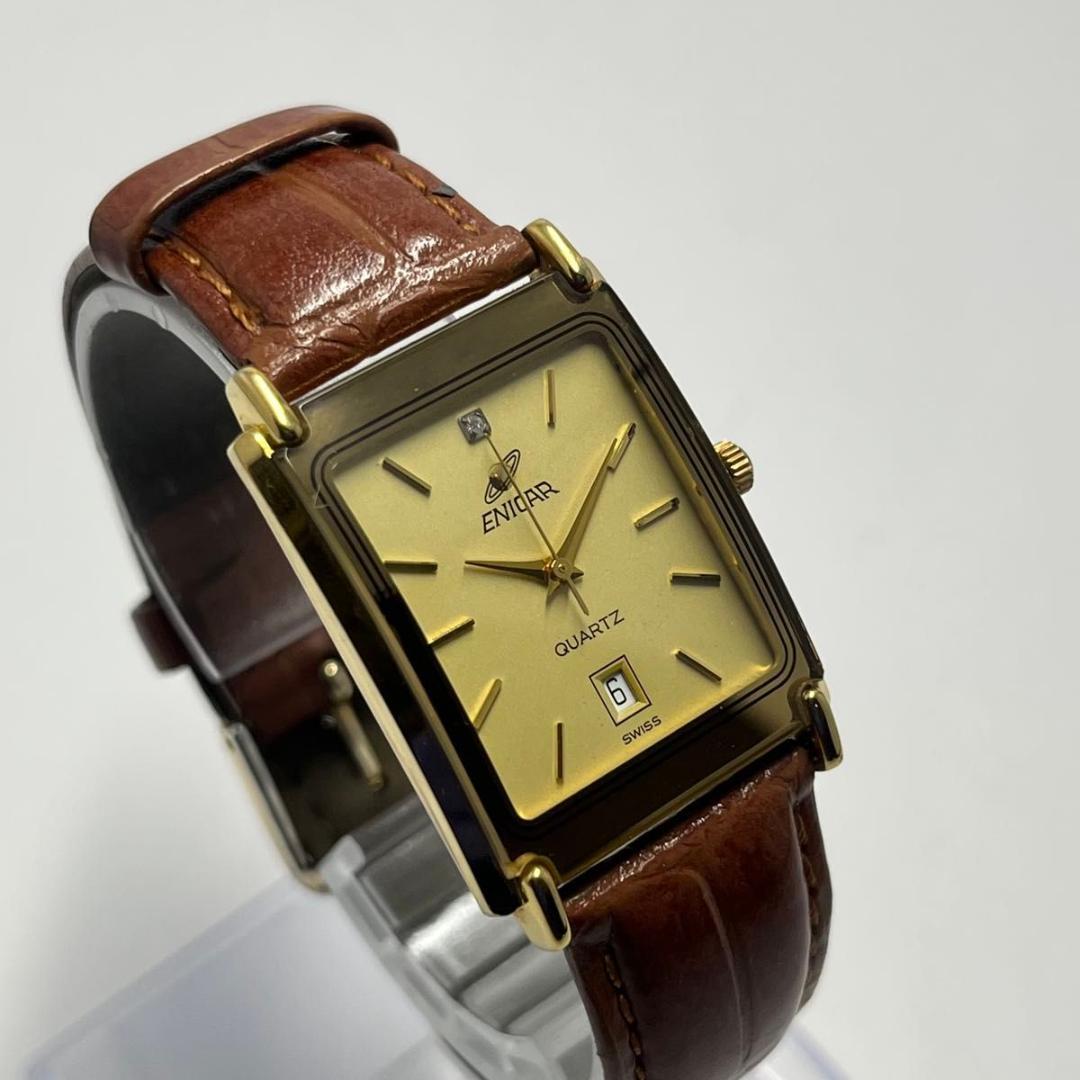 【美品・新品電池】石付き ENICAR エニカ 腕時計 スクエア 90年代モデル