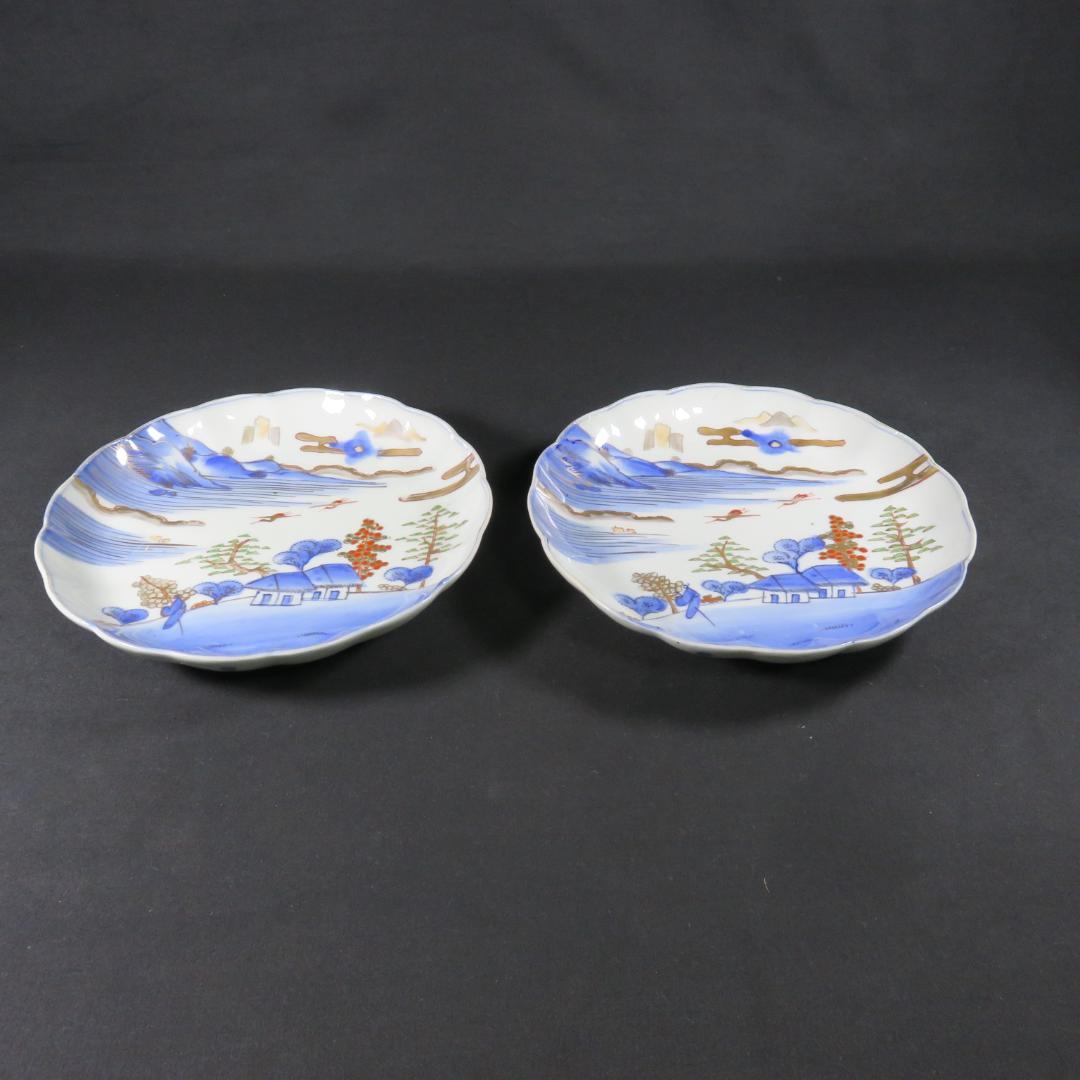 中皿 染付 色絵 風景 山水 古伊万里 銘 富 舟 山 家屋