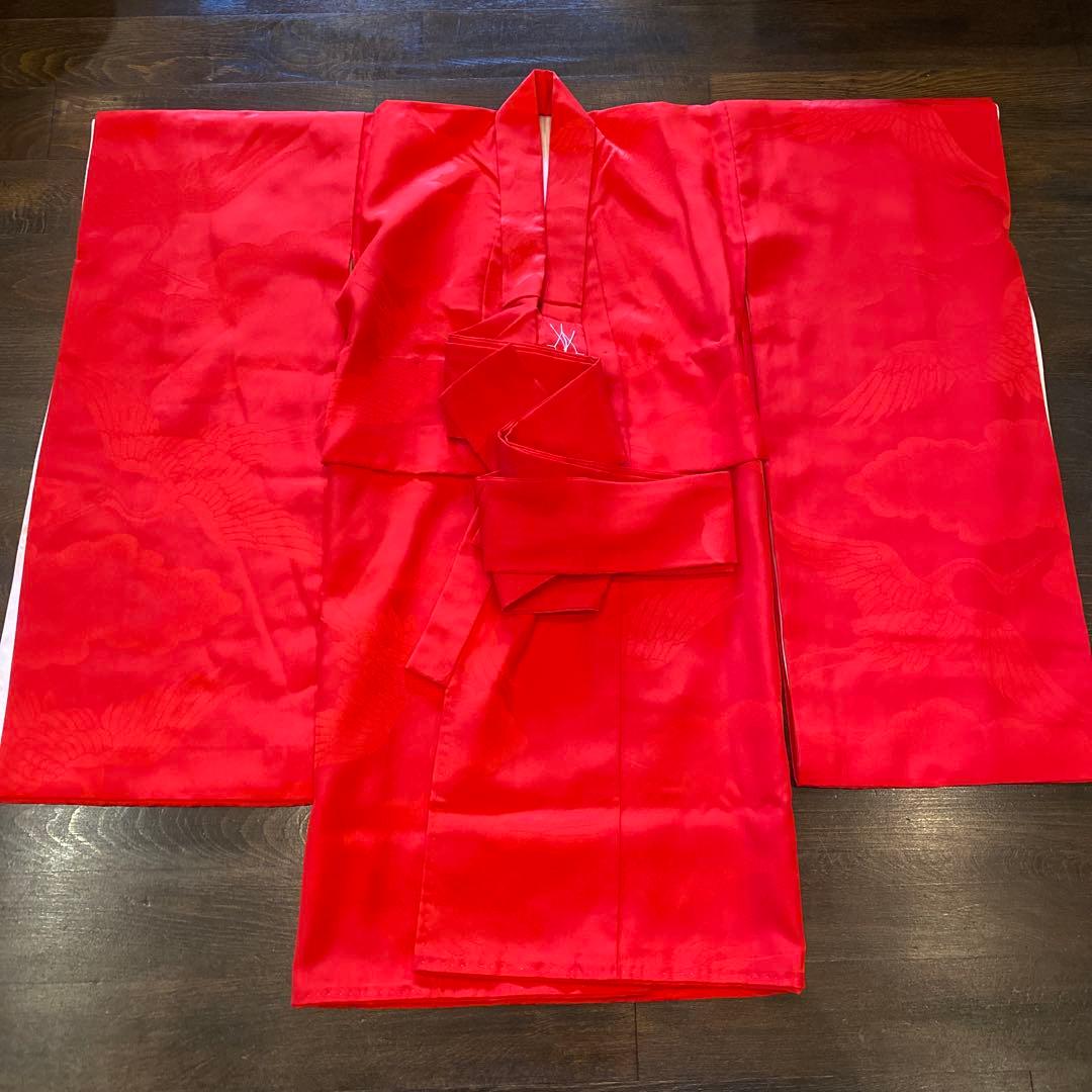 アンティーク 七五三 三歳 着物 被布 小物一式 フルセット 赤 鶴 正絹