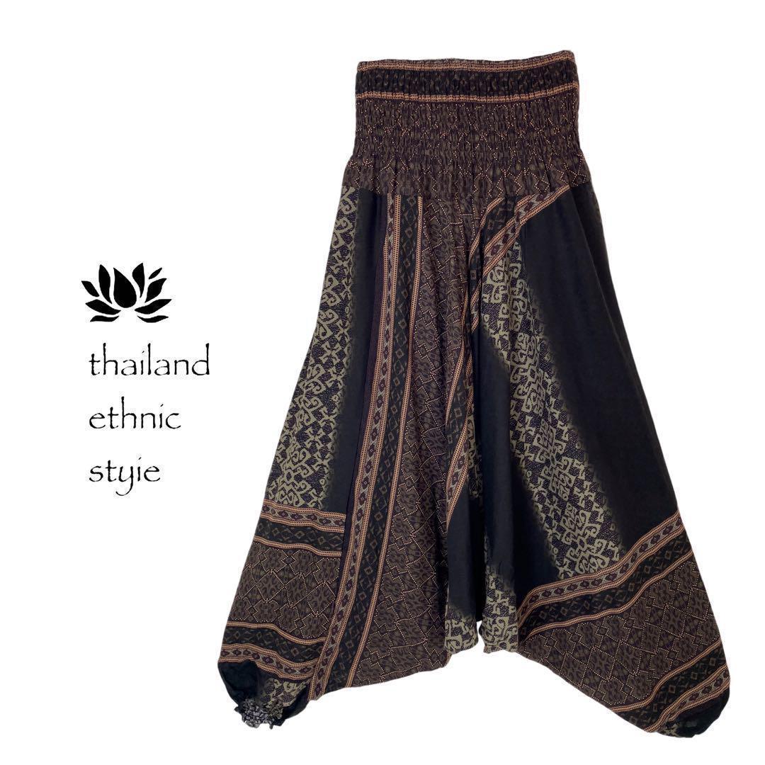 【新品】サルエルパンツ　タイパンツ　男女兼用　D柄ダークブラウン　F66-8