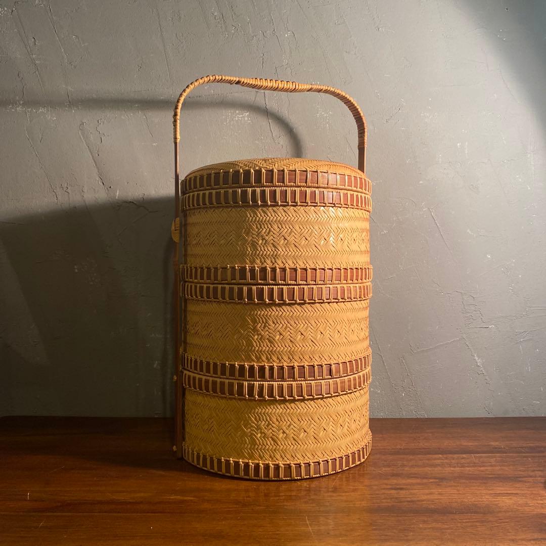 時代物 竹製 三段弁当箱 ランチボックス 手編み 美品 稀少 ピクニック