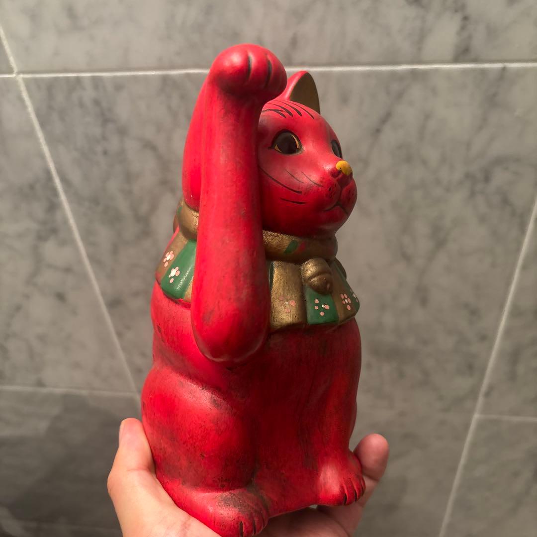 ヴィンテージ手書きの大きな瞳や長いヒゲか素敵な健康とお金を呼び込む招き猫