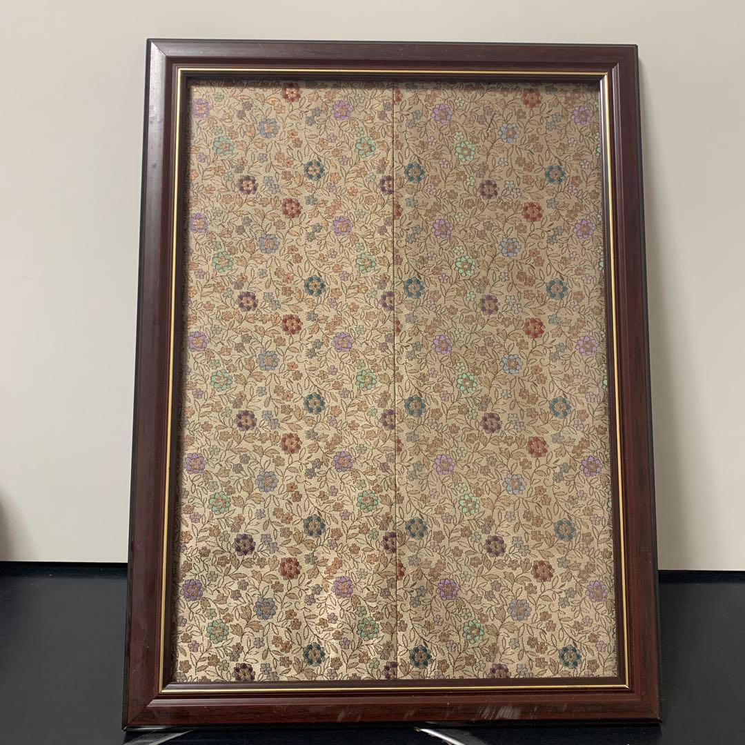 【中古】花柄布地のダークブラウン額縁19-333