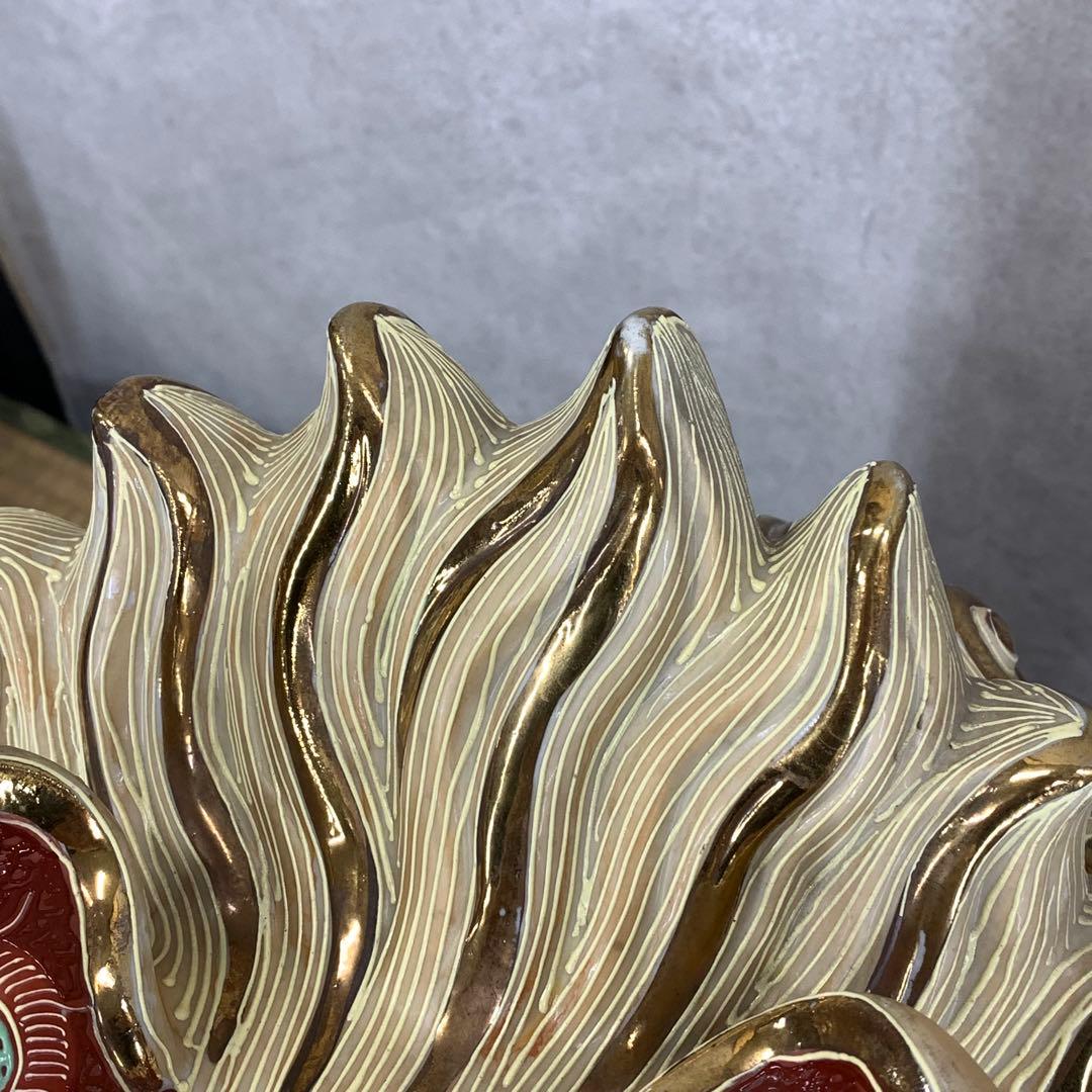 特大！高さ約56cm! 九谷焼 玉乗り 獅子 赤 金 オブジェ 縁起 厄払い