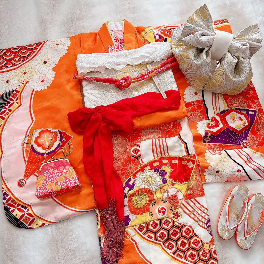 七五三　7歳　四つ身　子供着物　作り帯　女の子　長襦袢　フルセット　オレンジ