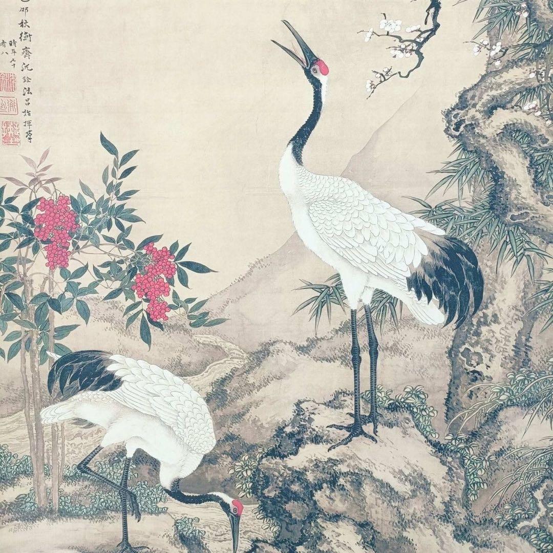 沈铨《松梅双鹤図》三尺中堂挂軸　証書付・防偽標識付　70×173cm