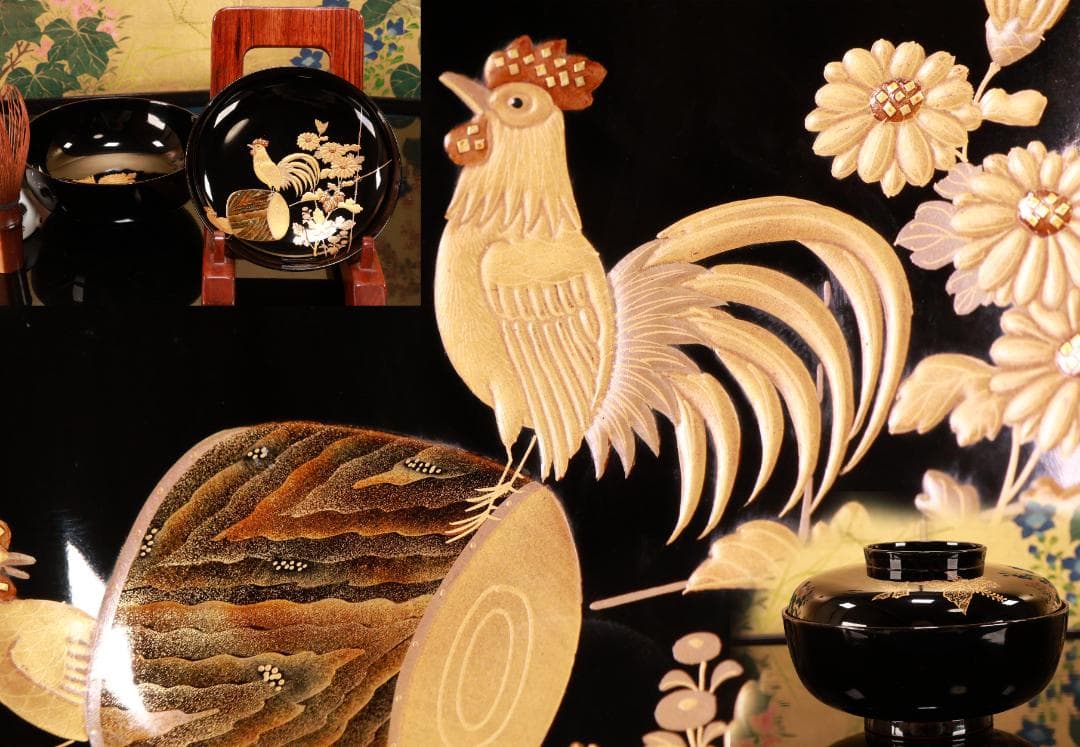 BJ132　時代輪島　加賀蒔絵　鶏図　吸物椀　二客　木製　茶道具 懐石 会席