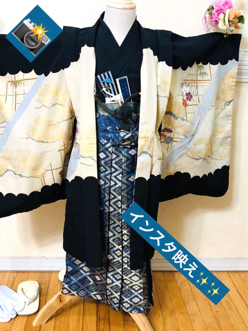 七五三 五歳‼️黒地にクリーム系 鷹 金箔金彩‼️完全フルセット‼️家から揃え無し