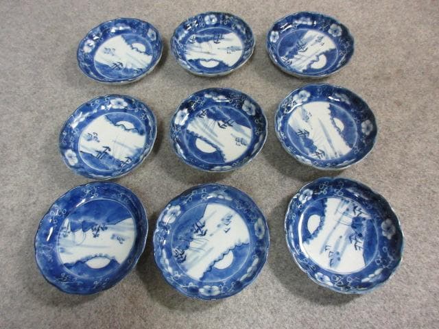 伊万里焼染付海辺風景図豆皿9枚 [B24940]
