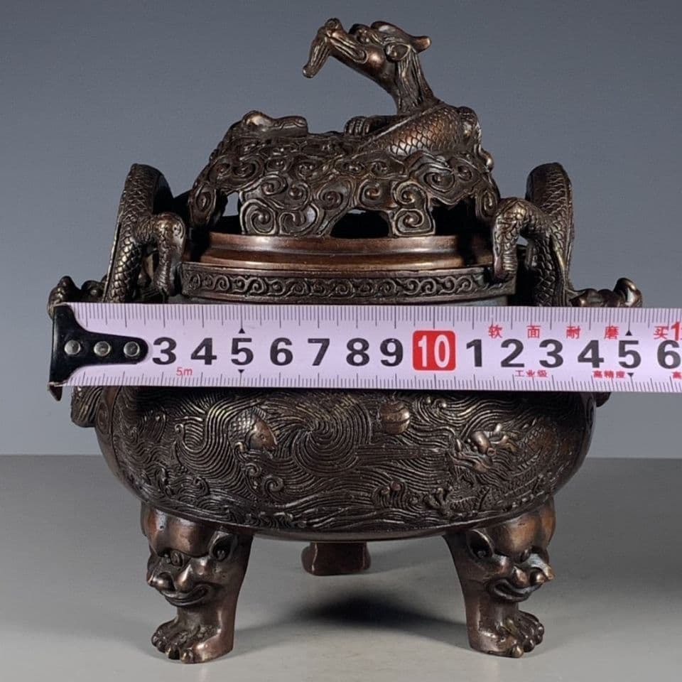 三足鼎 双耳九龍熏香炉 彫刻 置物 開運 金運 風水 工芸品 美術品