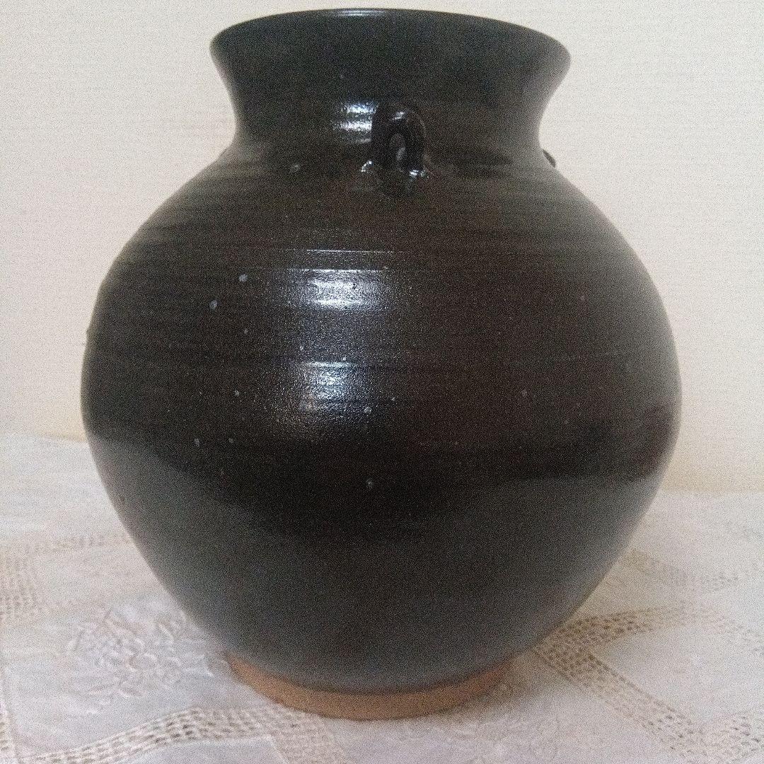 壺　富士五湖焼　五湖窯　黒釉　大型　木箱入り　栞り付き