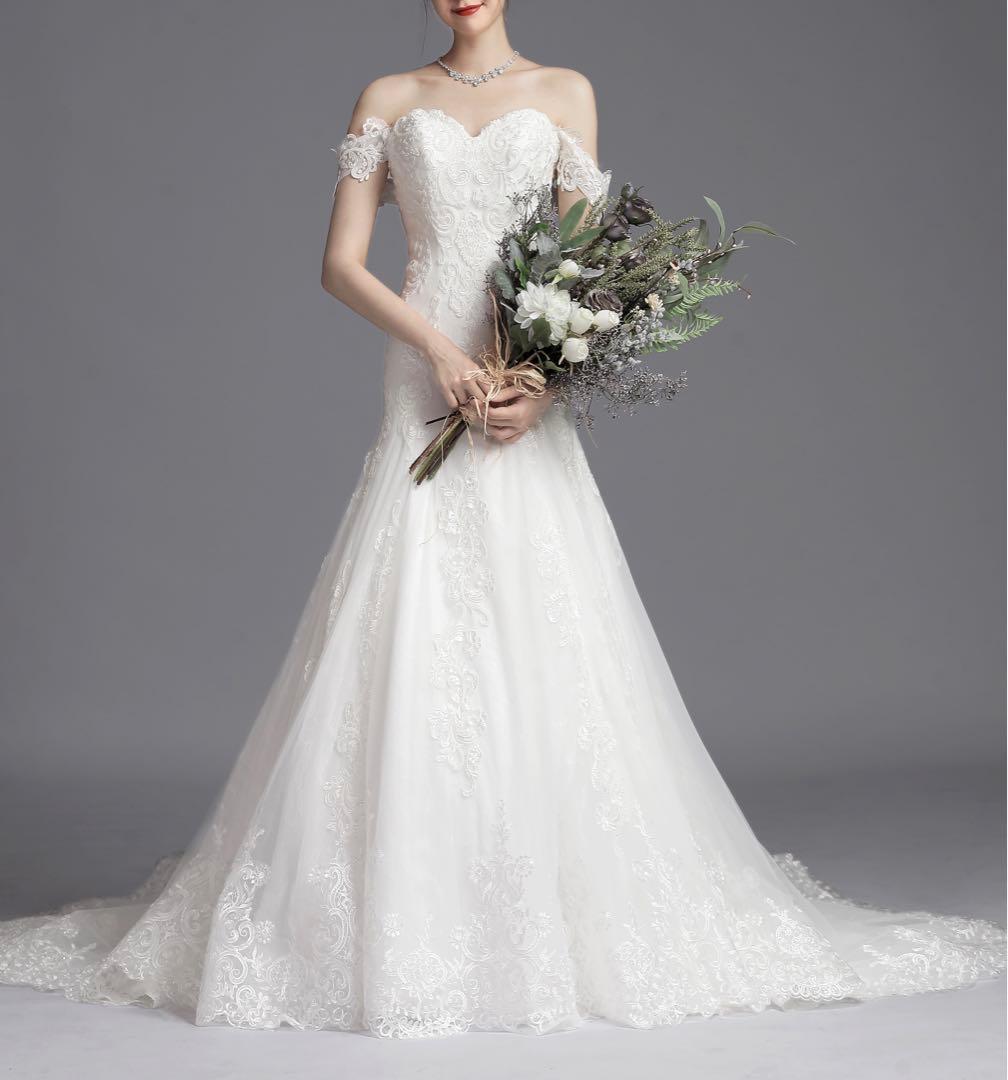 YNS WEEDINGオフショルダー レース Aラインウェディングドレス