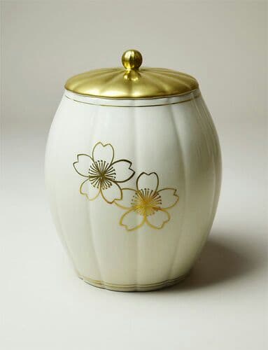 葬 骨壺 在庫処分品 陶芸作家 金彩桜花文壺 6寸 (y-3-6) 木箱無