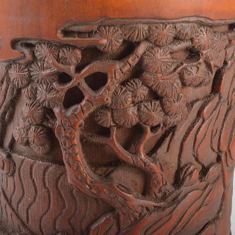 中国　乾隆御題　古竹彫刻　漢詩山水人物雕　筆筒　C　R7140E