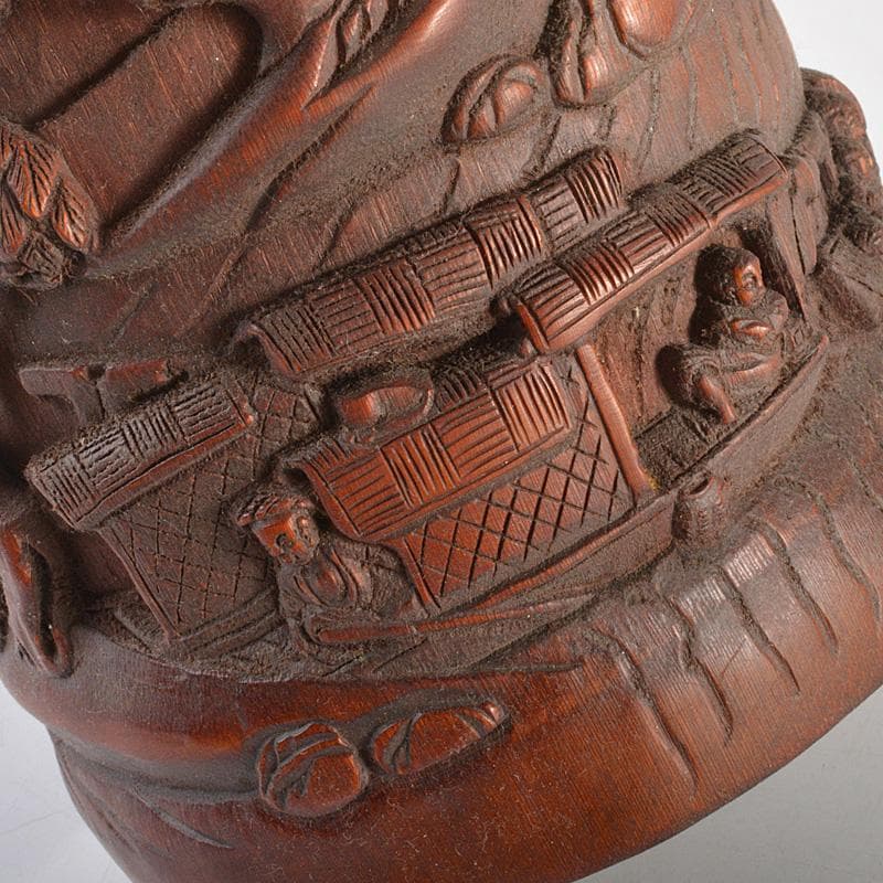 中国　乾隆御題　古竹彫刻　漢詩山水人物雕　筆筒　C　R7140E