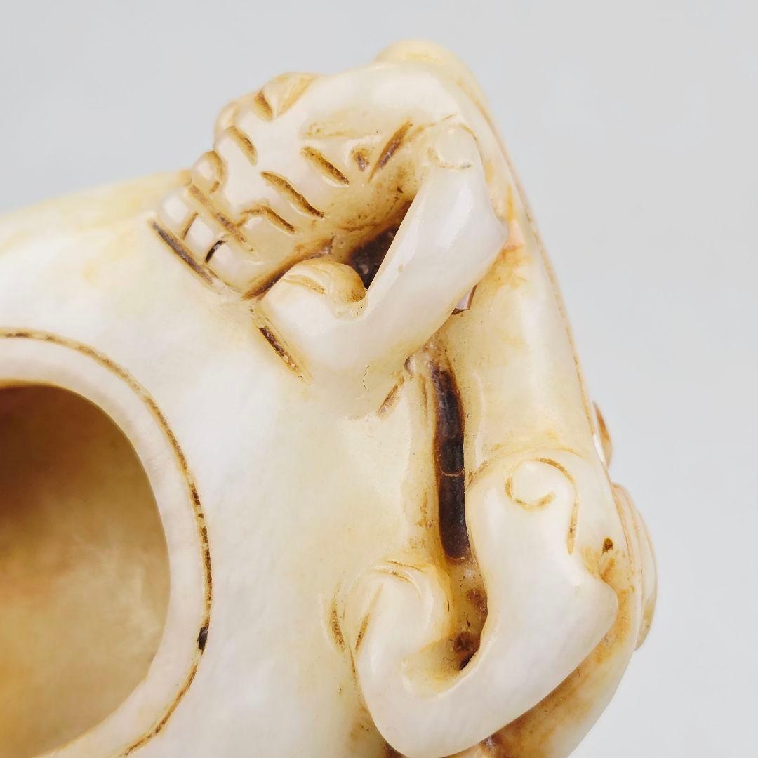 古文房具 本物和田白玉 原石 手彫 清代 双龍出郭 筆洗 筆添 墨池 水鉢 激安