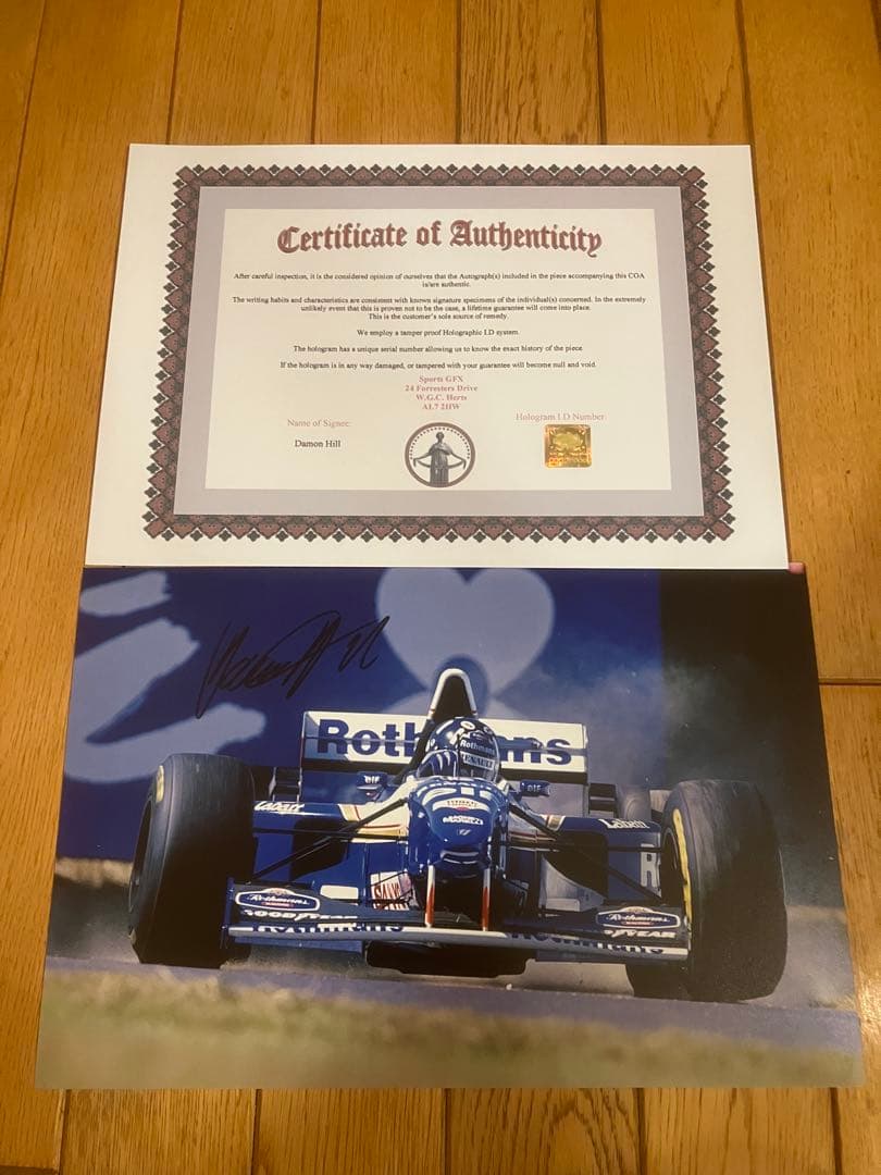 デーモン　ヒル　ウィリアムズルノー　直筆サイン　証明書付き　1995 FW17
