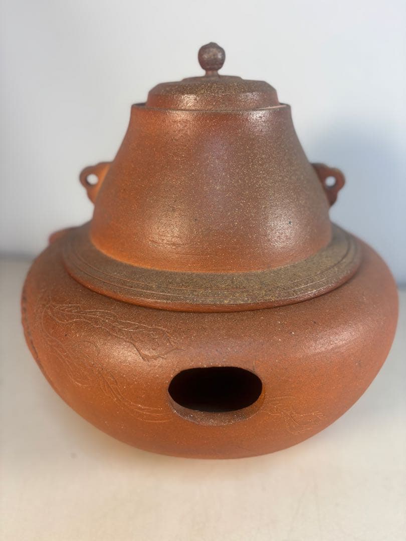 陶器製茶道具 鳳凰風炉　茶釜　敷板(皿)付き