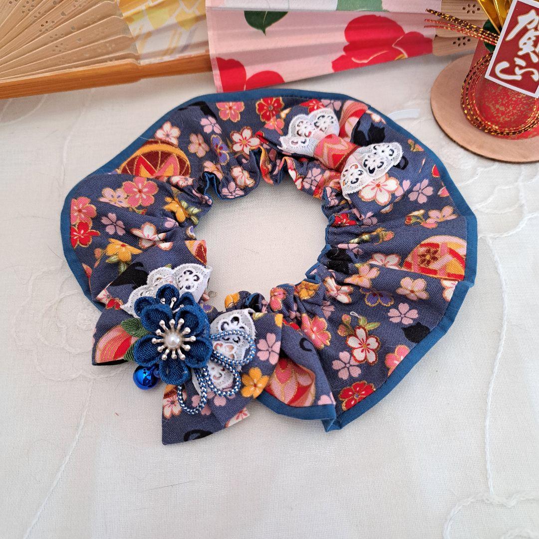 幅広シュシュ、和風つまみ細工、わんちゃん猫ちゃん用