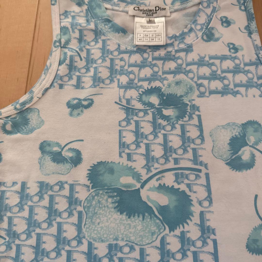 クリスチャンディオール　トロッター柄タンクトップ　40 水色・白