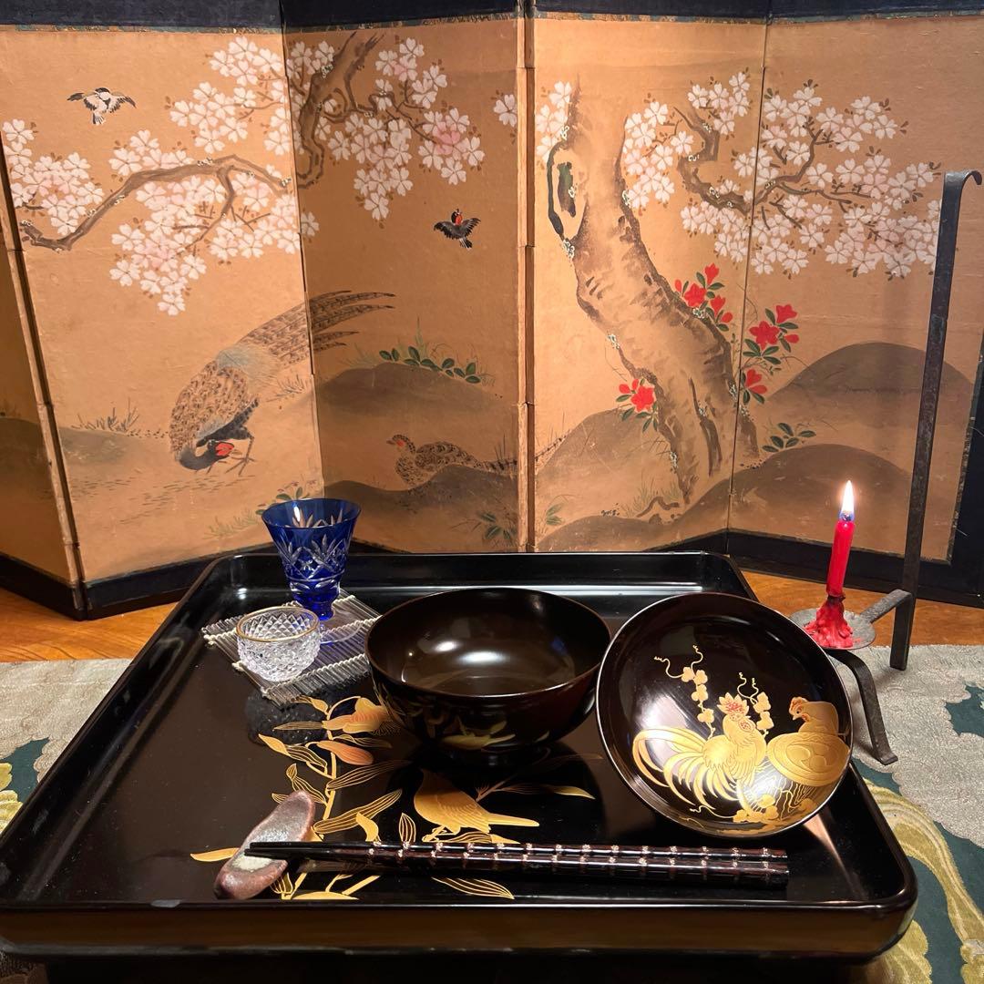 A914 木製輪島塗　潤み色　隠し絵蒔絵　閑古鳥蒔絵　鶏　5客