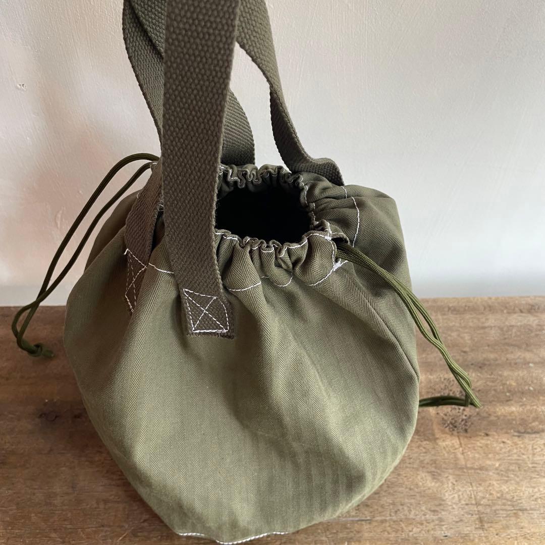 【巾着トートバッグ】ヘリンボーンツイル　ミリタリーカーキ　USARMY