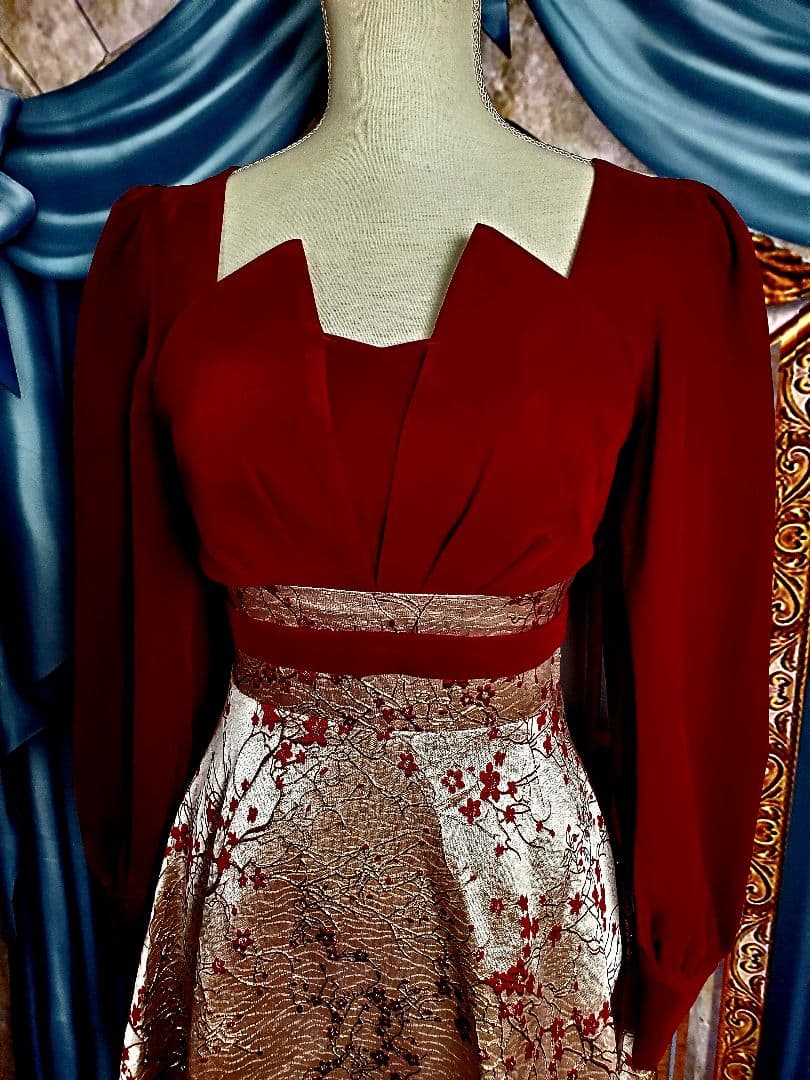 M【新品インポートセレクト】ベロアゴールドジャガードスクエアネック長袖秋冬ドレス