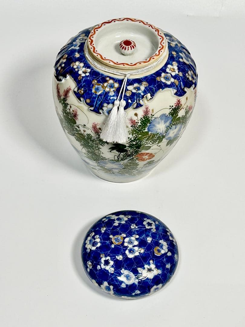 明治期 瀬戸焼 染錦朝顔文沈香壺 飾壺 瀬戸