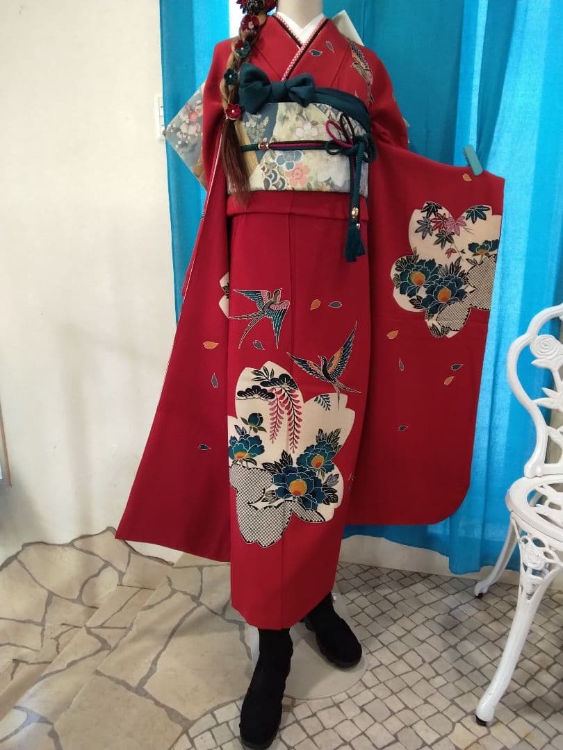 振袖フルセット、正絹紅型振袖、成人式、重ね衿、帯揚げ帯締め、西陣袋帯、襦袢