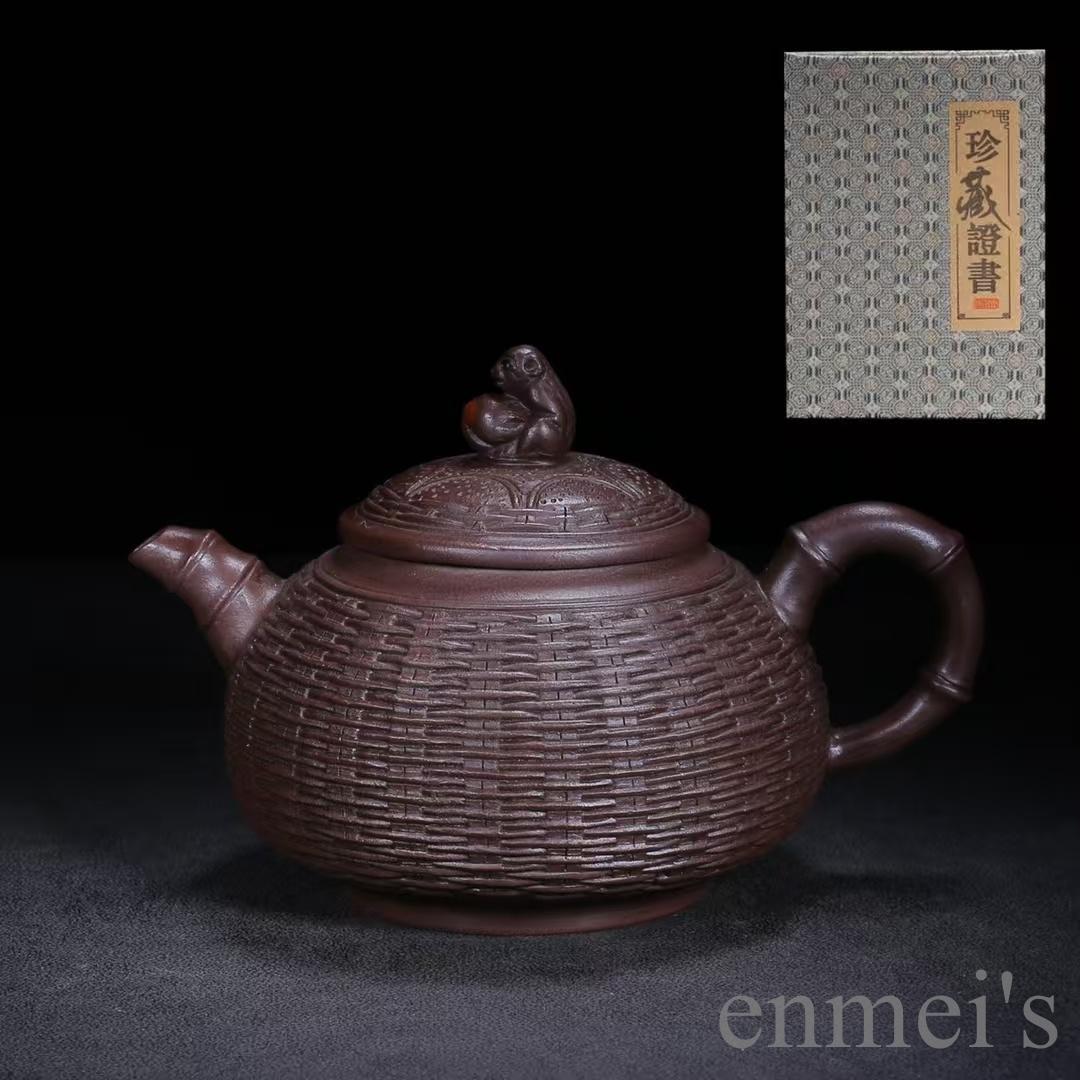 中国古美術 宜興 紫砂壺 靈猴献瑞壺 底款:汪寅仙 原鉱紫泥 急須 茶壺 唐物