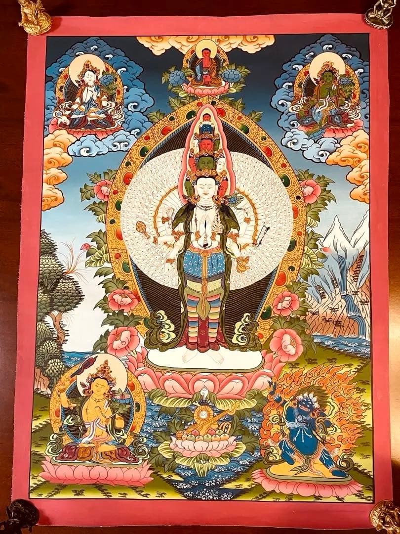 新品手描き 肉筆画 ロケショワー 十一面観音 タンカ 曼荼羅 チベット密教 仏画