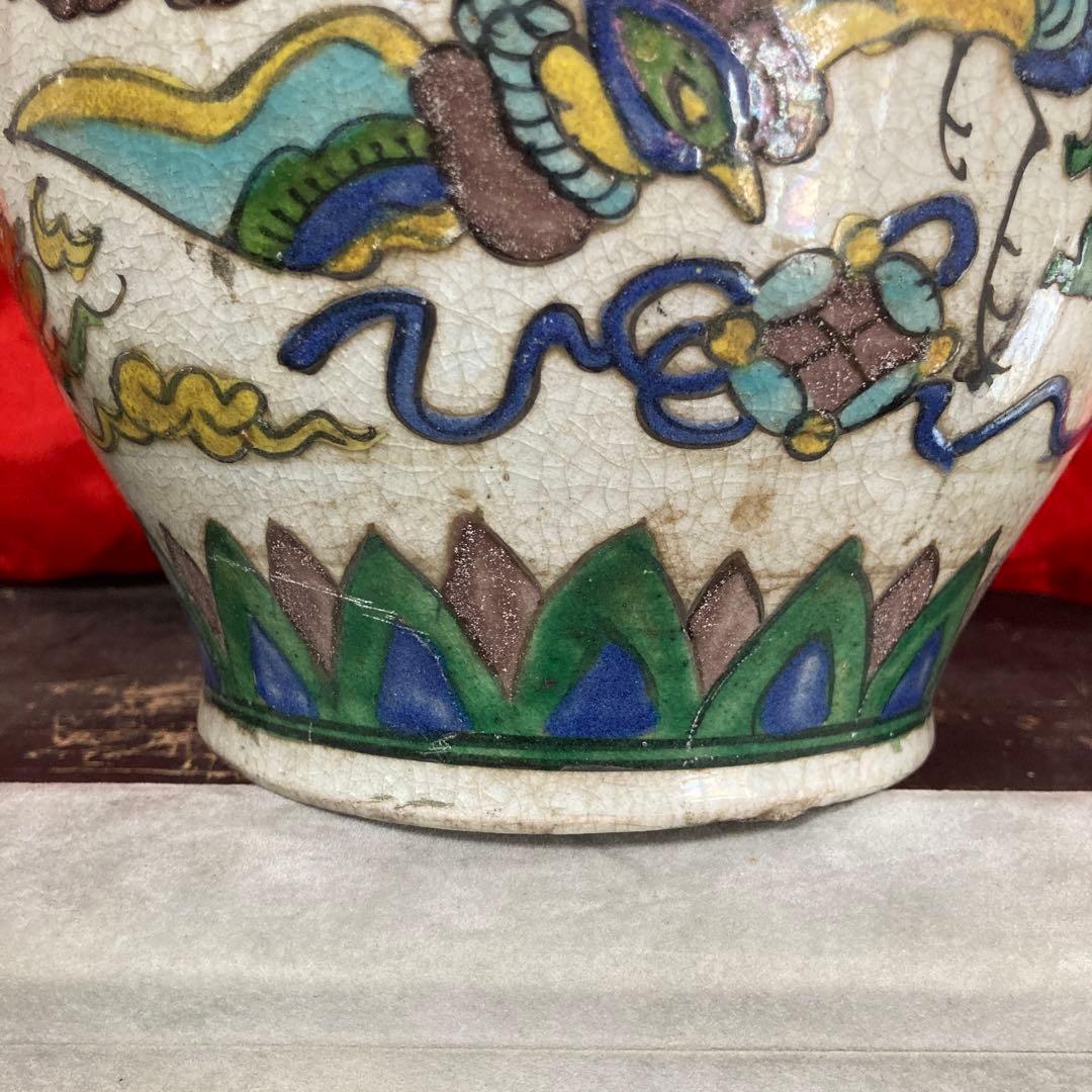中国　色絵　三耳壺　鳳凰図