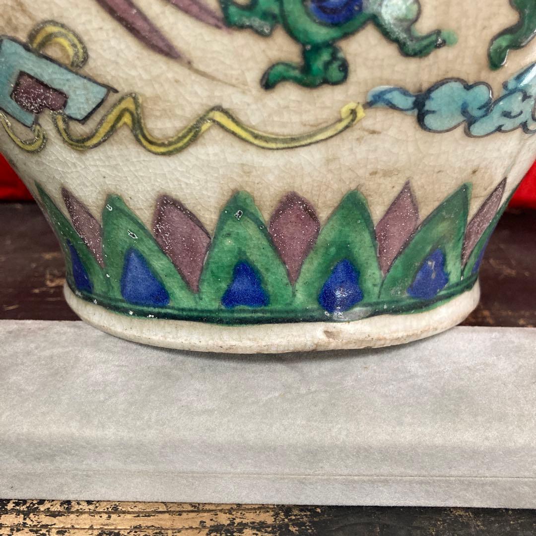 中国　色絵　三耳壺　鳳凰図