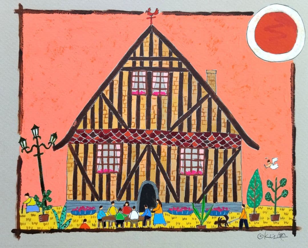 奥村ユズル　水彩画原画　ノルマンディーの木組みの家