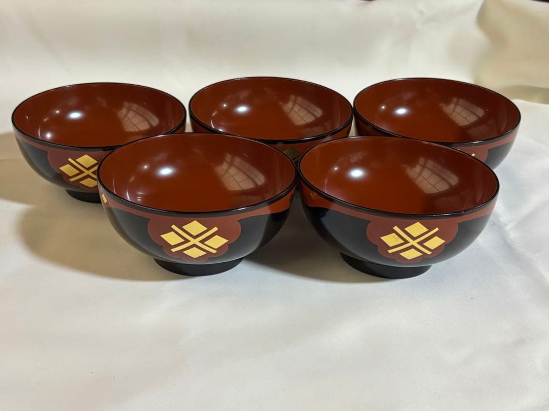 丸三漆器 秀衡塗5個セット 茶色と黒 金色模様