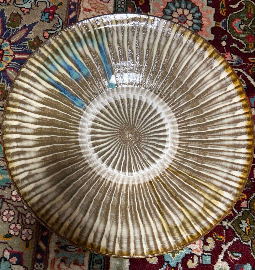 黒木釜　小鹿田焼　大皿　唐臼　飛び鉋　刷毛目　釉薬二色がけ　美品　窯元購入