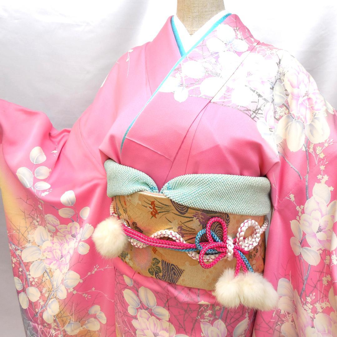 訳あり特価★美品　振袖フルセット　正絹　成人式　振袖　Mサイズ　ピンク　花柄