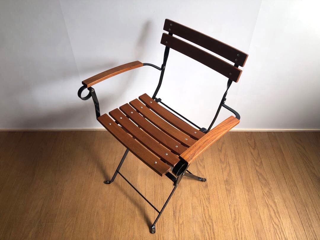 チーク無垢材×鉄枠 フォールディングチェア アーム付き フランス ヴィンテージ