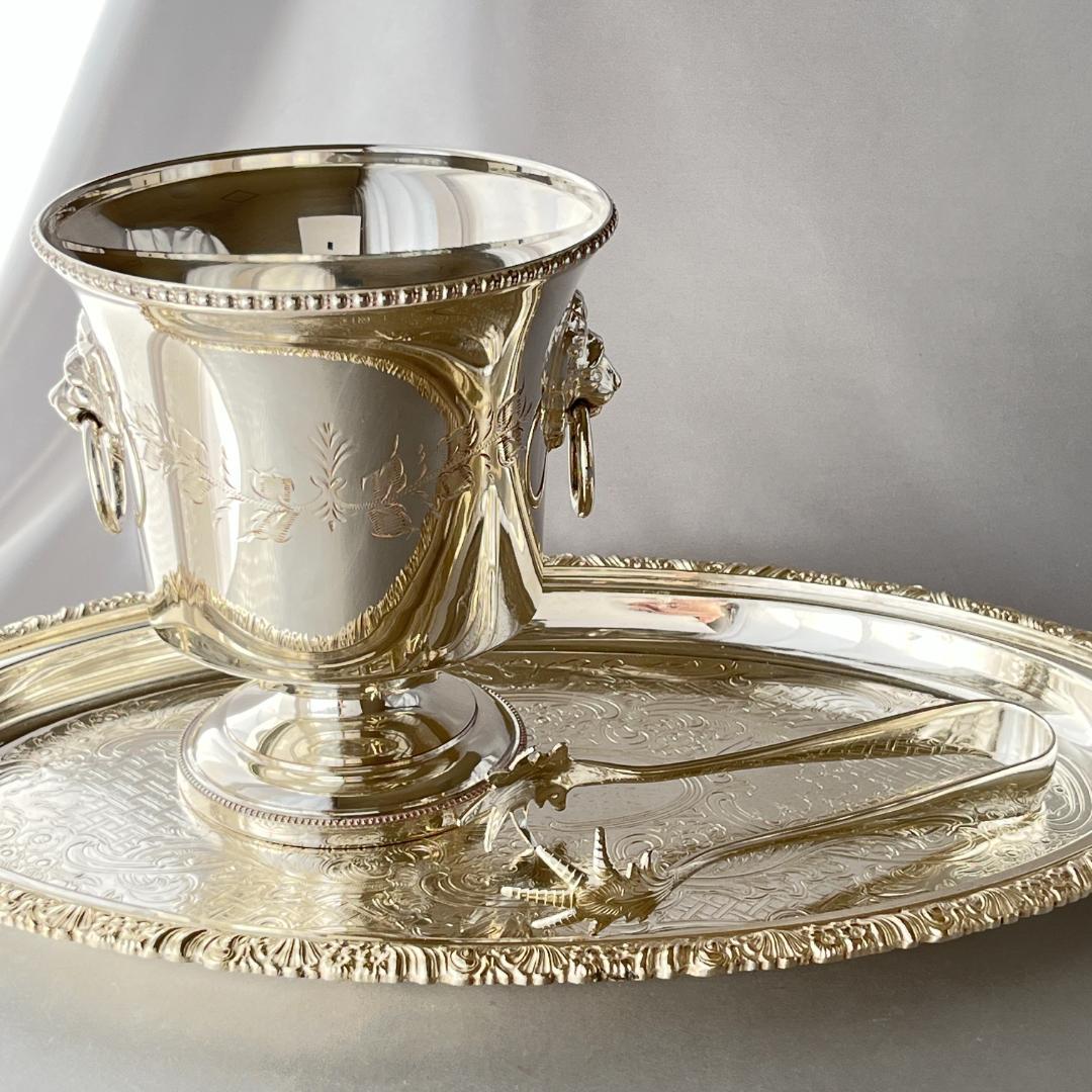 【英国】ライオンのアイスペール / トング【シルバープレート】