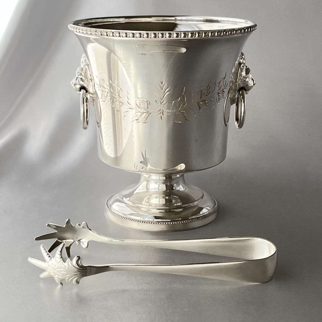 【英国】ライオンのアイスペール / トング【シルバープレート】