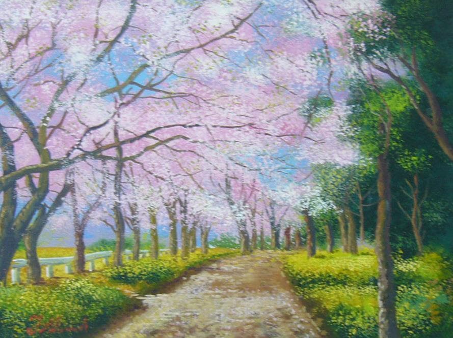 竹内敏彦 絵画 油絵 肉筆油絵 風景画 桜並木 F6