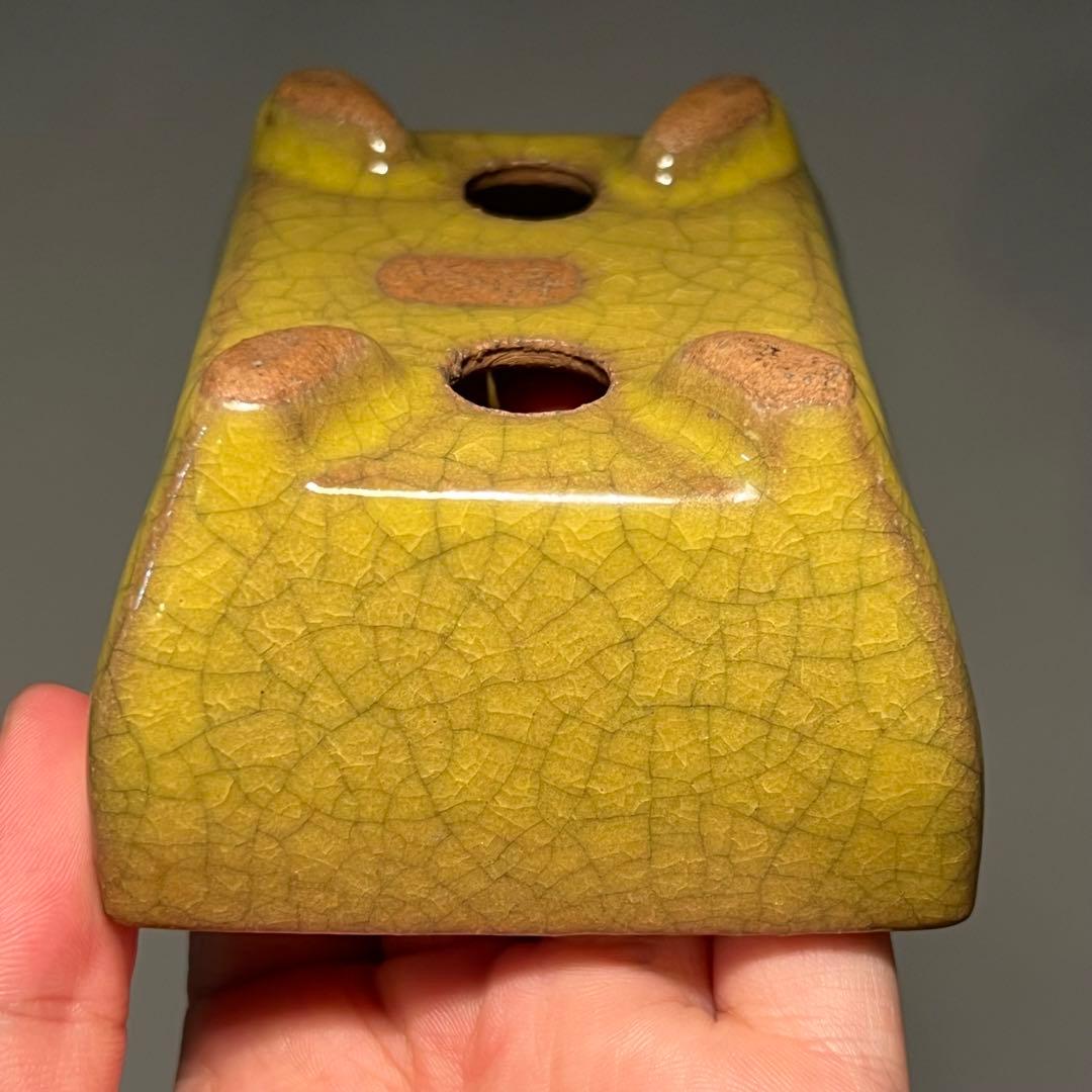 814.暁雲 黄貫入釉長方 盆栽鉢 植木鉢 10.1*7.9*5cm