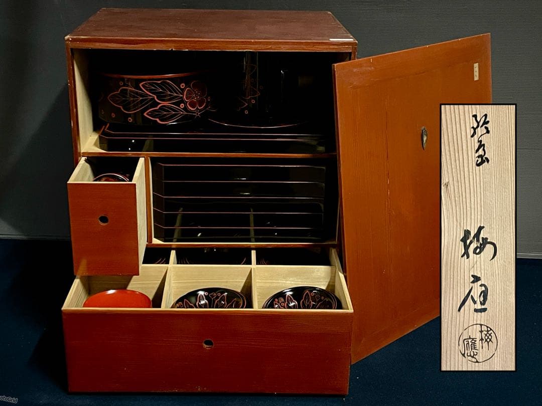 割引中❣️【美品】「母」輪島塗 吉野図 懐石道具 [梅應] 塗箱 茶懐石 F