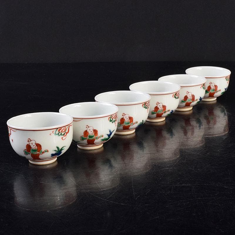 煎茶道具　九谷焼　赤絵　人物文　煎茶碗　六客　仕覆・時代箱付　M　R7559