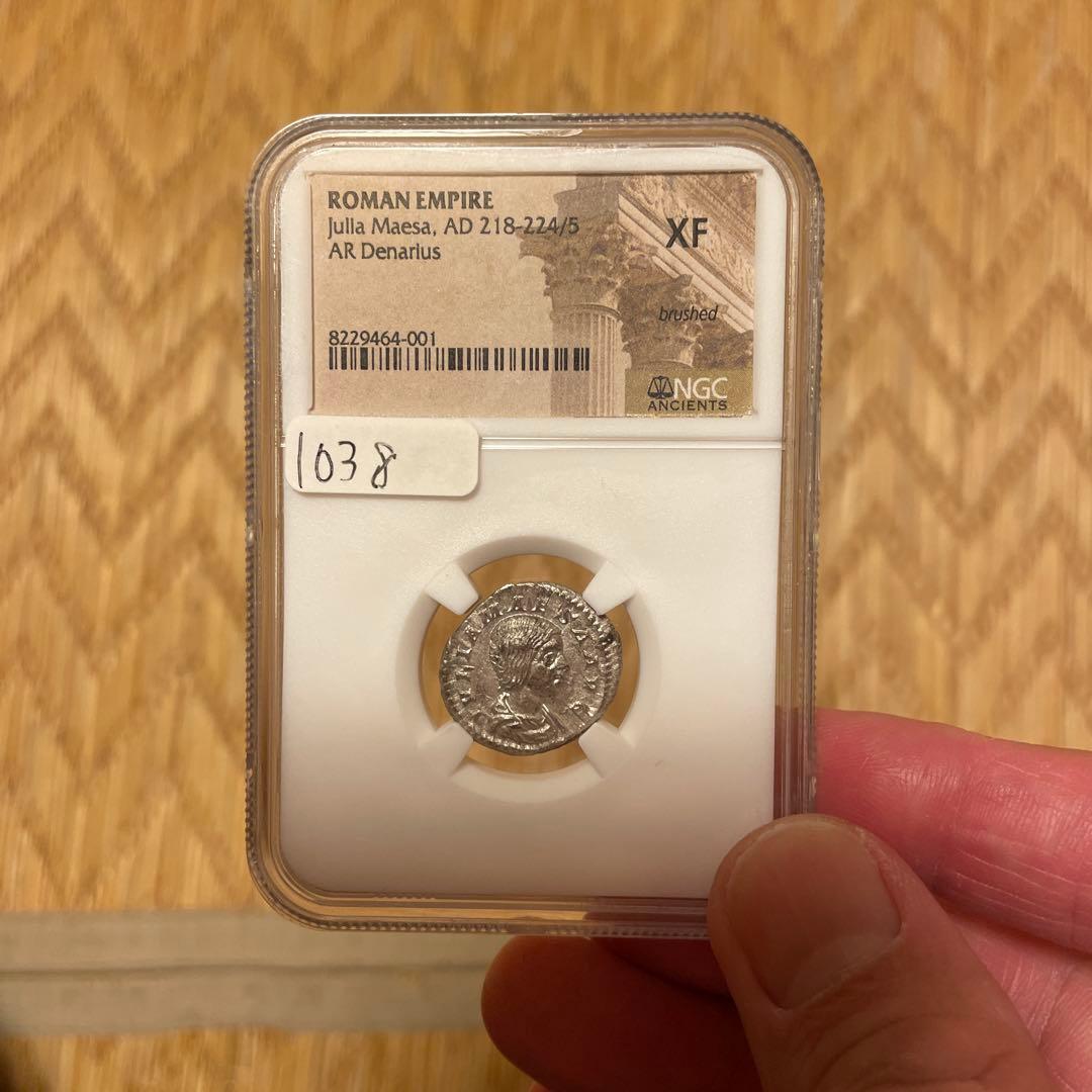 ローマ帝国 デナリウス銀貨　ジュリア・マエサ　NGC鑑定付き　XF
