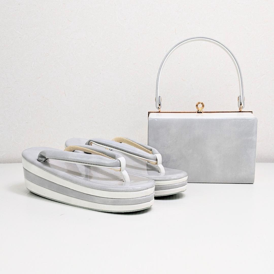 和装 草履 バッグ セット エナメル グレー シルバー 白 フリーサイズ u59