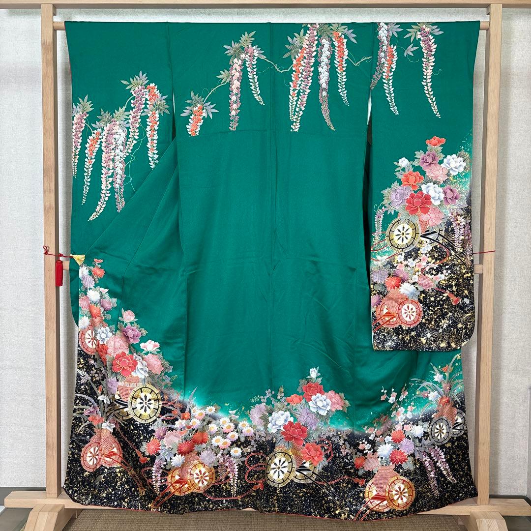 振袖 正絹 グリーン地 押し箔 素敵なデザイン k-6715